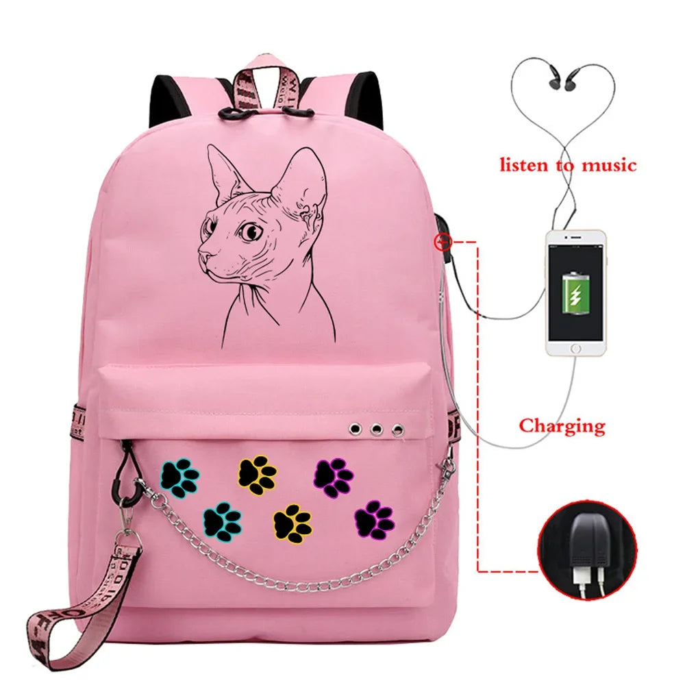 USB Charging School Bags for Teenage Girls | Sphynx Cat Kawaii School Backpack | Student Zipper Backpack Mochilas ShopOnlyDeal