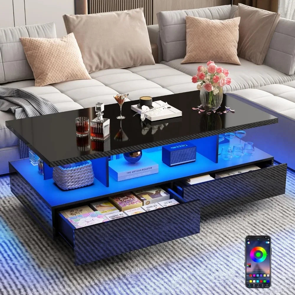 LED Coffee Table w/ 2 Storage Drawers,App Control, w/60,000-Color Lights,Rectangle 2-Tier Center Table w/Display Shelf ShopOnlyDeal