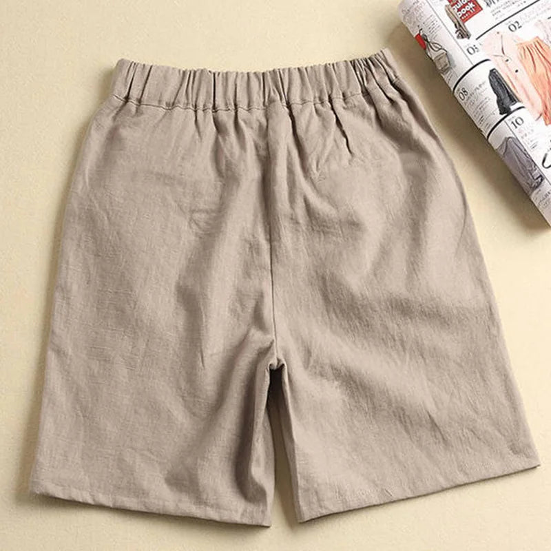 Casual Linen Cotton Elastic High Waist Wide Leg Button Loose Women's Shorts | Korean Fashion Summer Shorts Women 2024 ShopOnlyDeal