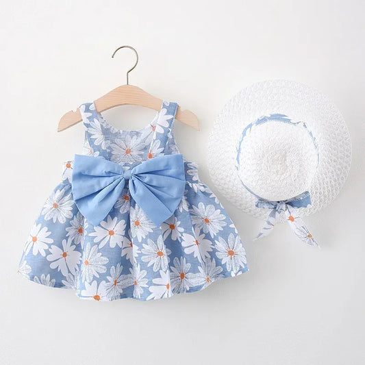 Summer New Baby Dress Small Daisy Cotton Princess Dress Big Bow Sling Children's Clothing Gift Hat ShopOnlyDeal