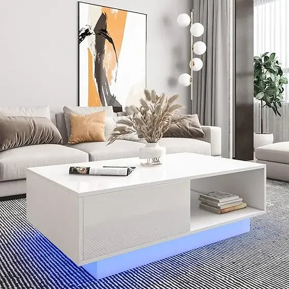 Coffee Table for Living Room Coffee Table Modern Led Center Table with Drawers Storage High Gloss Tabletop and with Led Lights ShopOnlyDeal