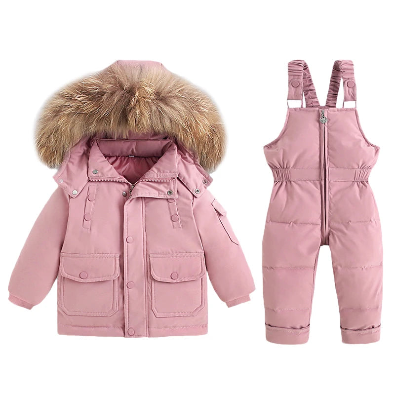 -30Degree Russia 2Pcs Set Children Winter Down Jacket and Jumpsuit Thicken Boy Girls Ski Suit Real Fur Collar Warm Kids Snowsuit ShopOnlyDeal