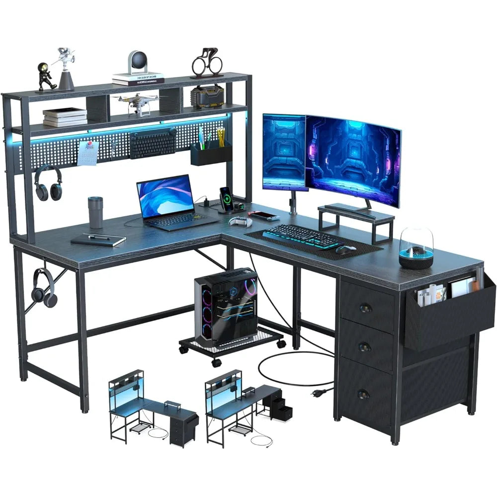 Gaming Desk Computer Desk with Pegboard & Shelves Large L Shaped Desk with Drawers, Power Outlet & LED ShopOnlyDeal