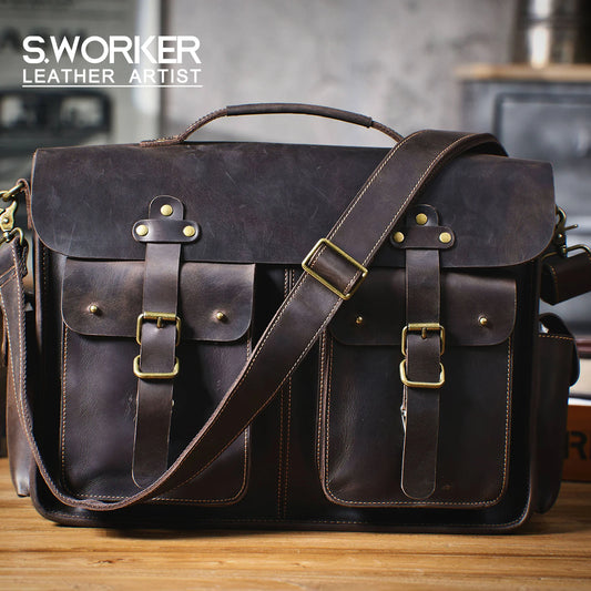 S.WORKER Vintage Genuine Leather Men's Briefcase 16" Laptop Bags Crazy Horse Leather Messenger Handbag Cowhide Idea Gift For Men ShopOnlyDeal