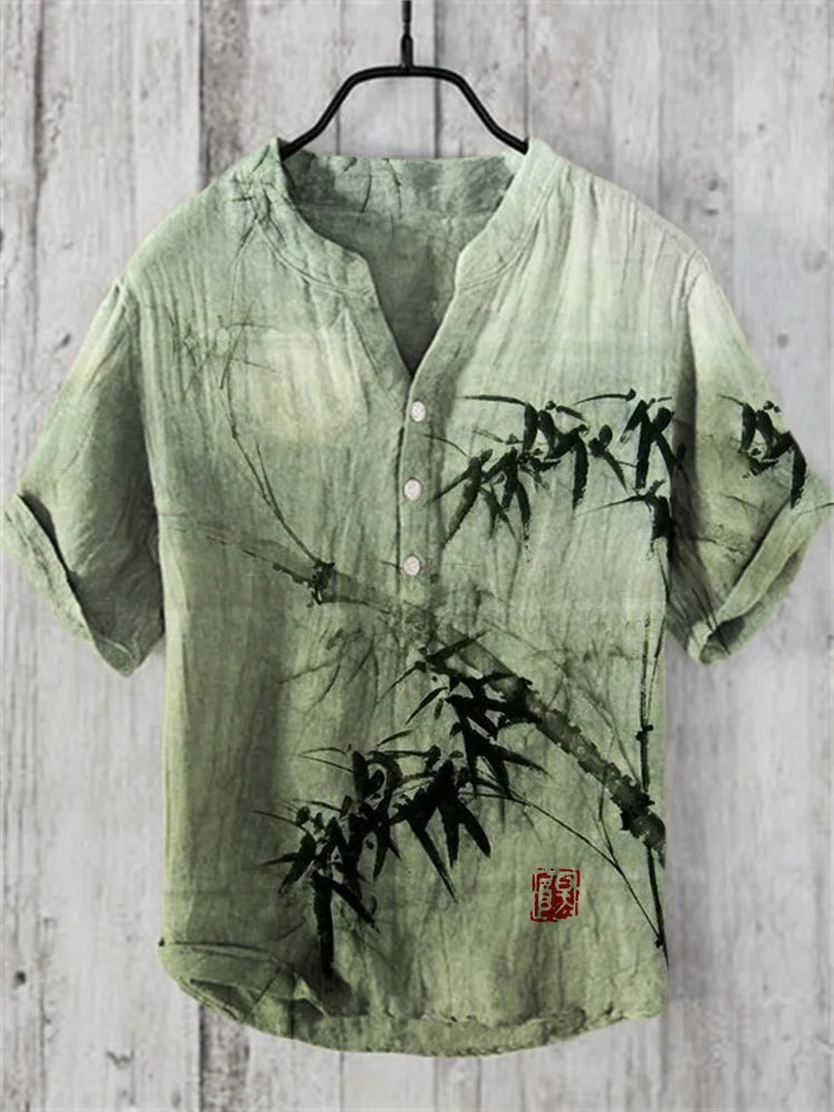 2024 Summer New 3D Digital Heat Transfer Bamboo Hemp 3 Button Large Standing Neck Short Sleeve Shirt | Extra Large T-shirt ShopOnlyDeal