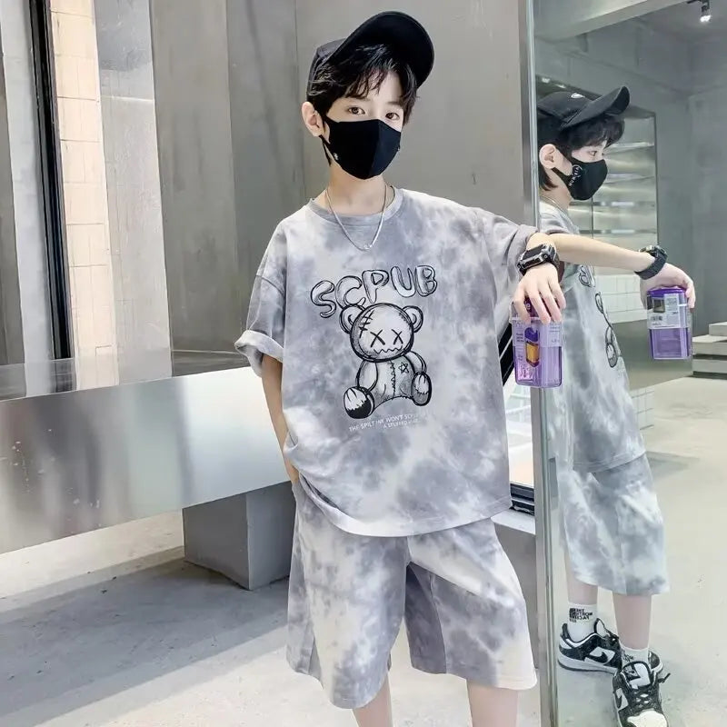 Summer Tracksuit for Teens | Cartoon Bear Tie-Dye T-Shirts and Shorts Set | 2-Pcs Outfit for Boys and Girls ShopOnlyDeal