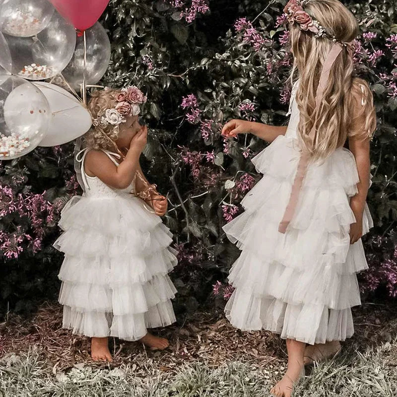 White Princess Dress | 2024 Sling Lace & Tulle Gown for Flower Girls | Birthday Party Layered Dress for 3-8 Years ShopOnlyDeal