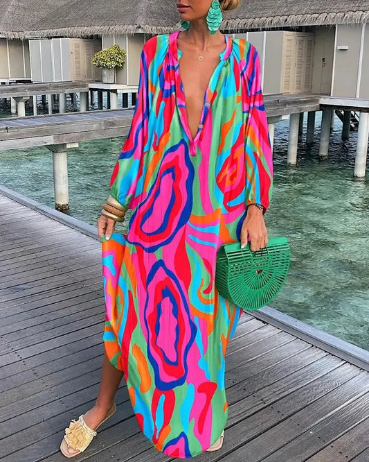 Maxi Dress Summer V-neck Loose Long-Sleeved Printed Dress | Women's Beach Vacation Robe ShopOnlyDeal