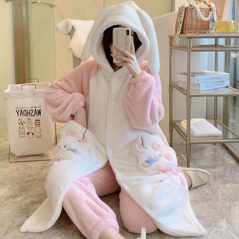 Kawaii Pajamas Women Warm Sweet Hooded Nightgown Winter Flannel Kawaii Home Clothes Female Cute Soft Chic Robes 2XL ShopOnlyDeal