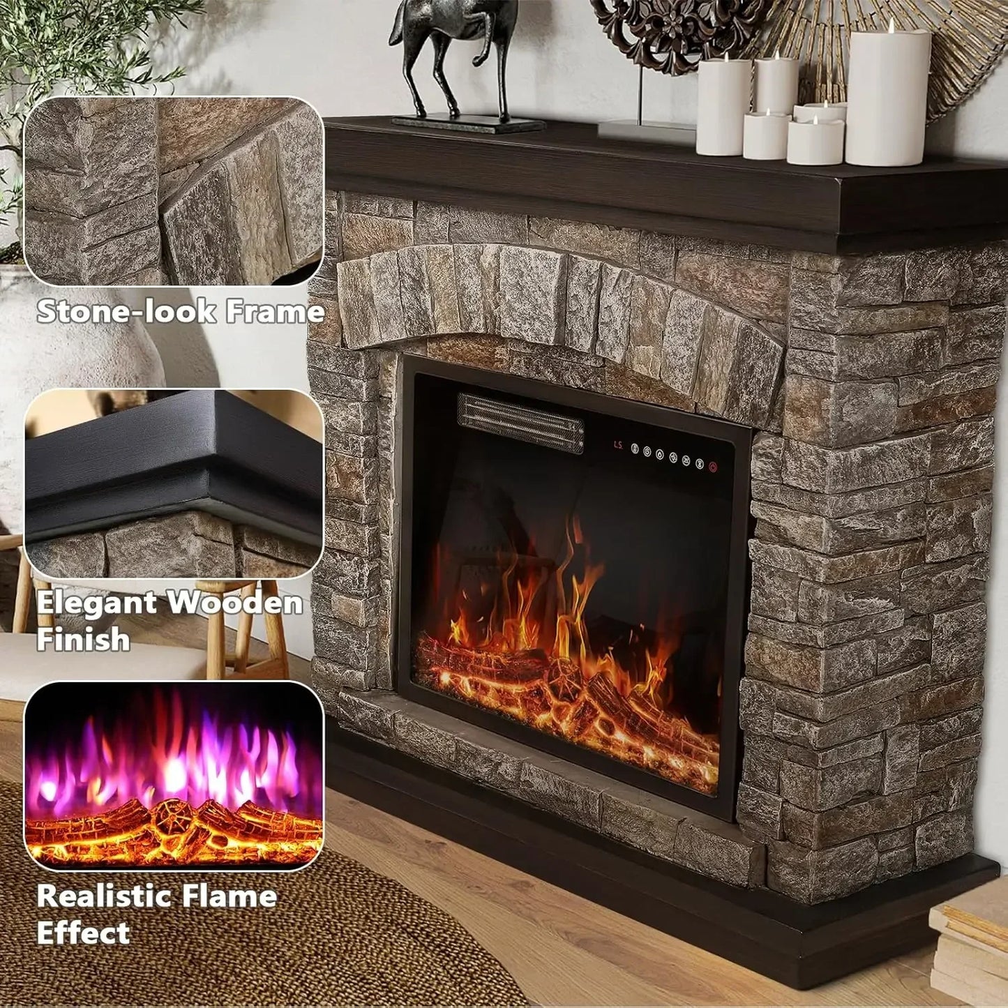 Electric Fireplace with Mantel,Freestanding Stone Fireplace Heater TV Stand with Remote Control, Realistic Flame Effect &3D Log ShopOnlyDeal