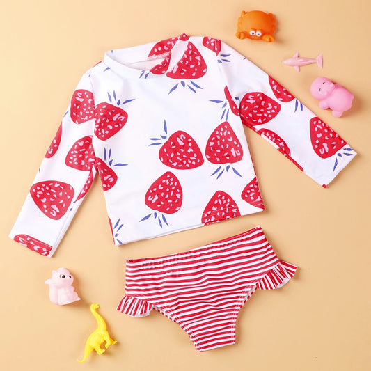 High Quality Strawberry Swimwear for Girls Swimming Clothing Long Sleeve Beachwear Bathing Suit Two Piece Swimsuit ShopOnlyDeal