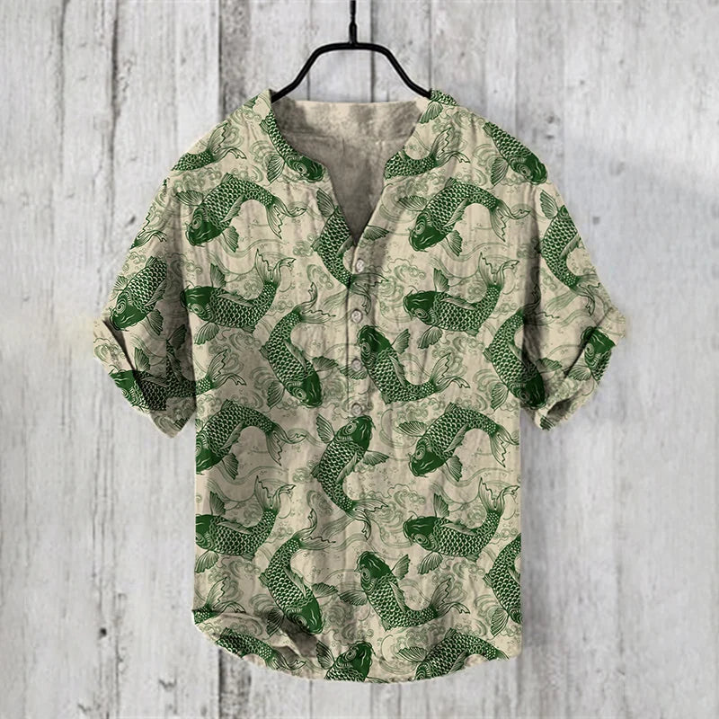 Summer Fashion Men's Small V-Neck Japanese Art Frog Print Lapel Shirt | Men's Casual Art Short Sleeve Shirt ShopOnlyDeal