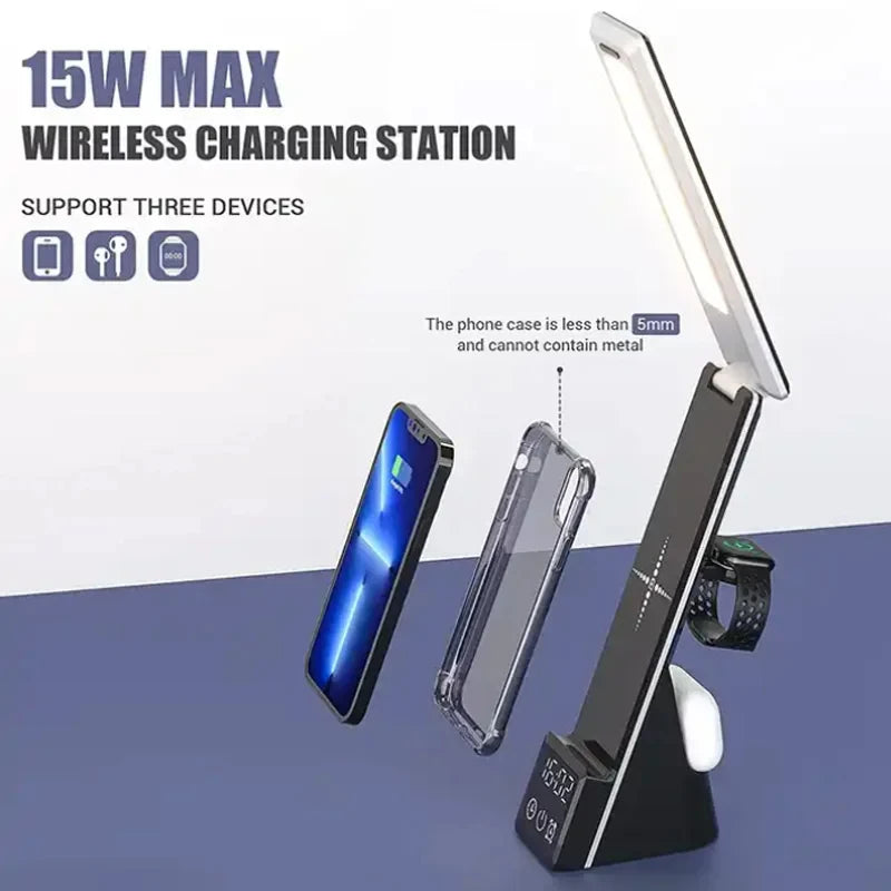 6 IN 1 Wireless Charger  Alarm Clock  Table Lamp Stand for IPhone 15 14 13 Pro Max Fast Charging Station for Apple Watch AirPods ShopOnlyDeal