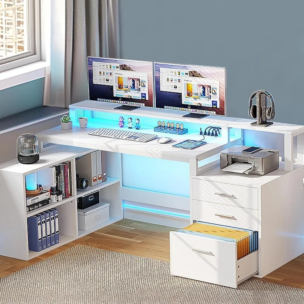 L Shaped Desk with 3 Drawers, 65" Corner Computer Desk with Power Outlets & LED Lights, L-Shaped Desk with File Cabinet ShopOnlyDeal