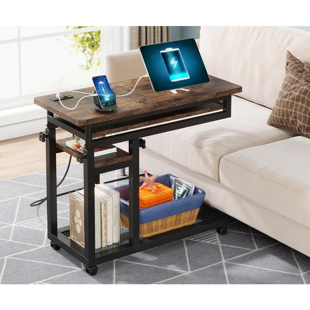 Small Portable Desk with Power Outlet, Height Adjustable Sofa Couch Bedside Laptop Table with Wheels ShopOnlyDeal