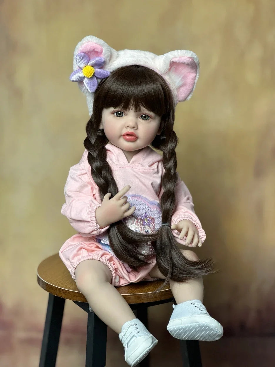 BZDOLL 55cm 22inch Lifelike Reborn Baby Girl Doll Soft Silicone Long Brown Hair Realistic Princess Toddler Bebe Birthday Gift ShopOnlyDeal