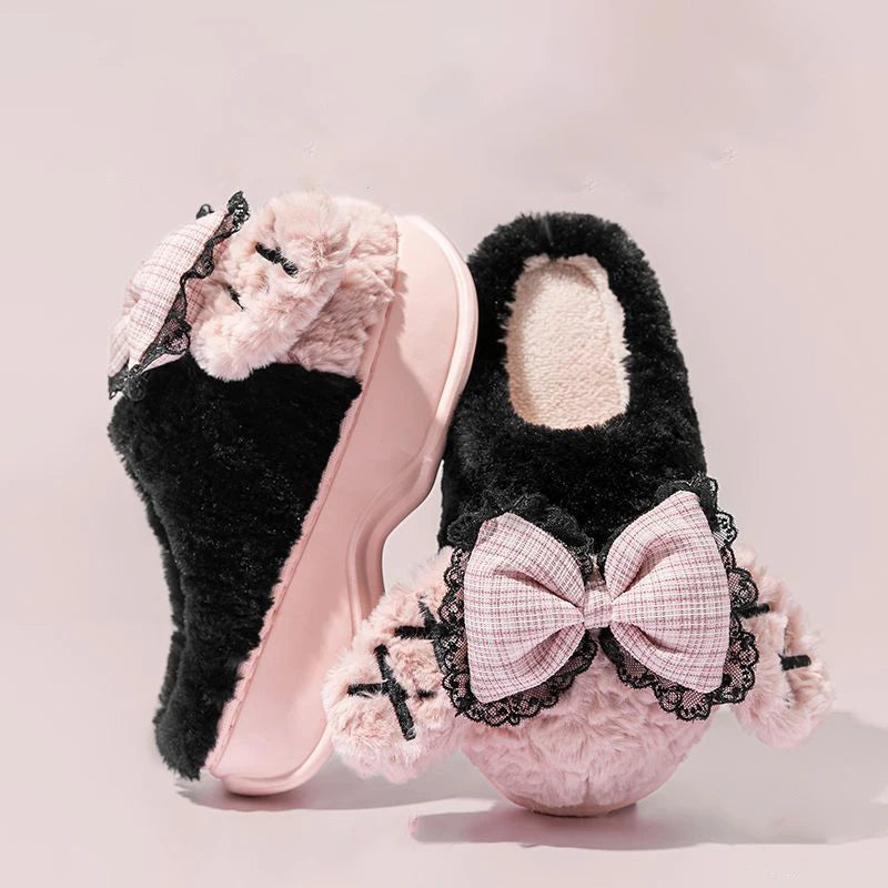 Harajuku slides bow bunny ears slippers for women outdoor mules shoes ladies 6 cm platform fuzzy slipper goth winter flip flops ShopOnlyDeal