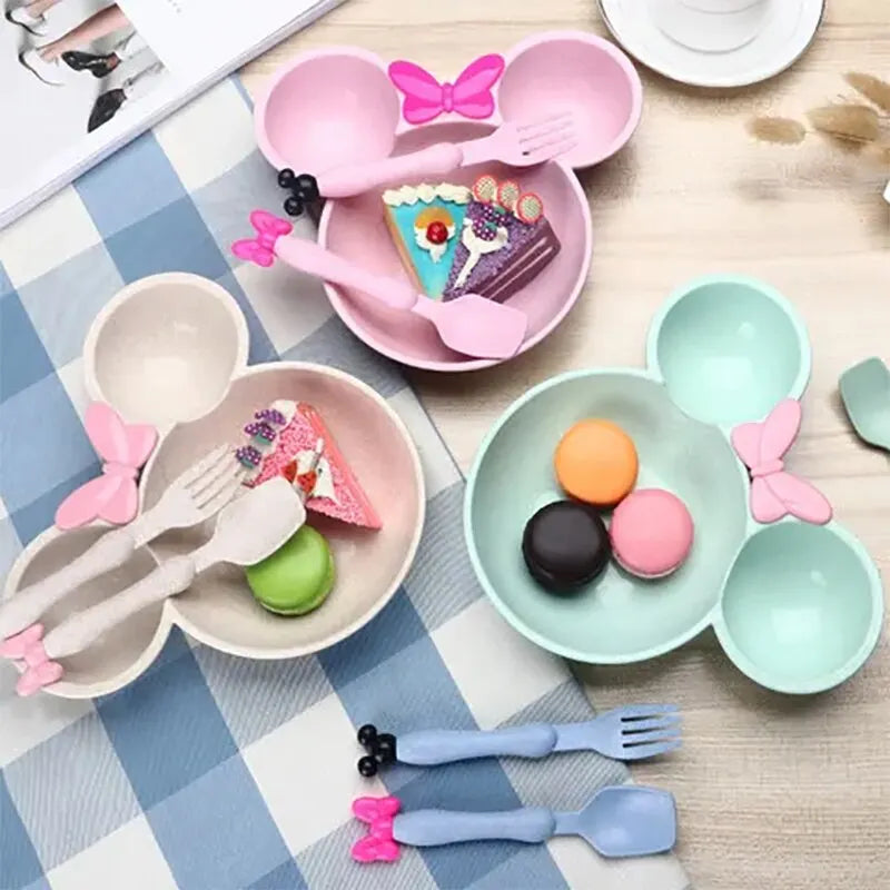 3Pcs/Set Cartoon Baby Bowl Tableware Set | Wheat Straw Children's Dishes | Kids Dinner Feeding Plate with Bowknot Food Plate, Spoon, and Fork ShopOnlyDeal