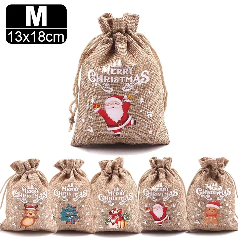 Christmas Linen Bags Cartoon Santa Claus Snowman Candy Gifts Drawstring Bag for Xmas Party Packaging Storage Pouches ShopOnlyDeal