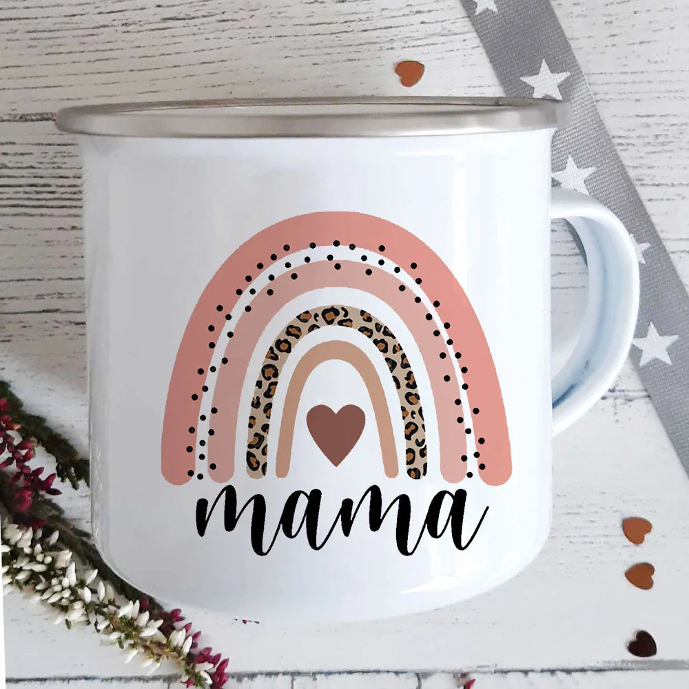 Mama Rainbow Print Enamel Mug | Home Party Wine Beer Drink Juice Cups | Kitchen Drinkware with Handle | Breakfast Milk Oat Mug | Holiday Gift ShopOnlyDeal