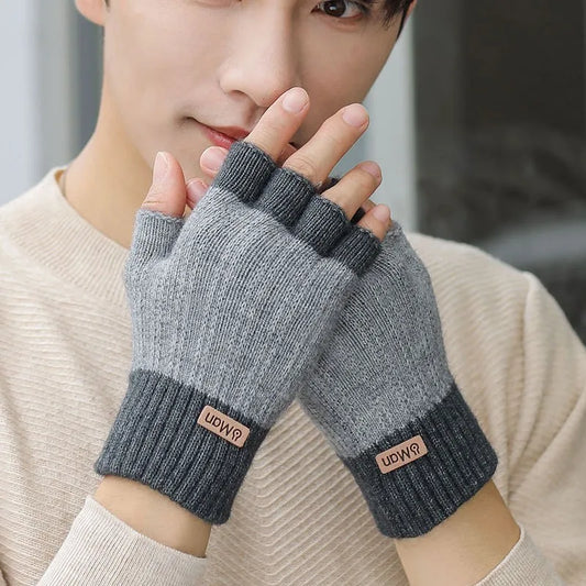 Men Winter Fingerless Half Finger Knitted Gloves Office Knitted Warm Exposed Finger Thick Gloves Elastic Driving Gloves ShopOnlyDeal