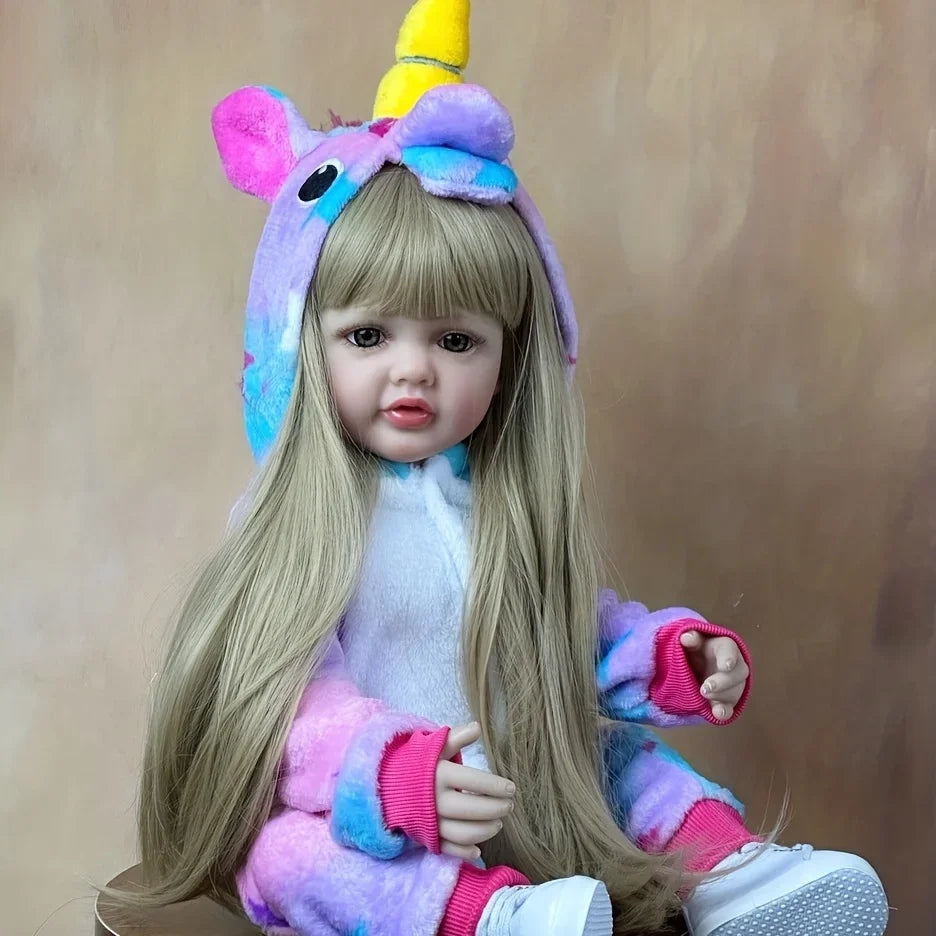 BZDOLL 55cm 22inch Lifelike Reborn Baby Girl Doll Soft Silicone Long Brown Hair Realistic Princess Toddler Bebe Birthday Gift ShopOnlyDeal