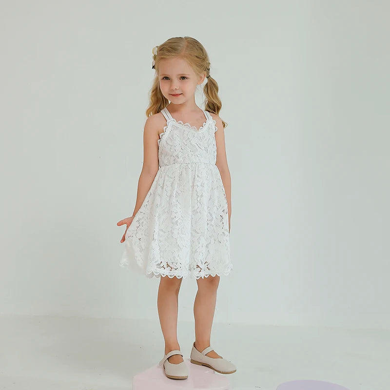 White Princess Dress | 2024 Sling Lace & Tulle Gown for Flower Girls | Birthday Party Layered Dress for 3-8 Years ShopOnlyDeal