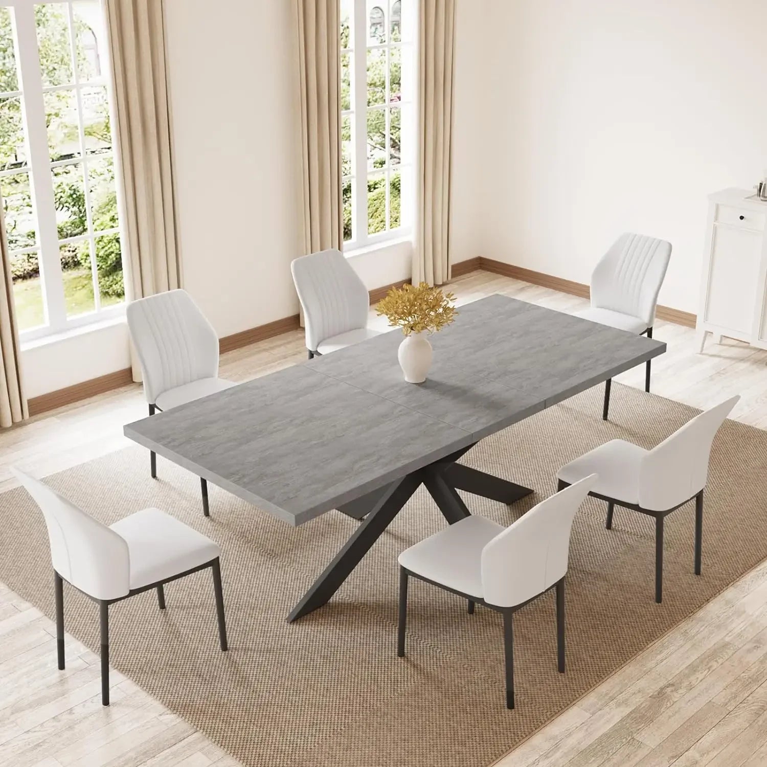 6-8 People Modern Dining Table Rectangular Kitchen Dining   Table (Gray Table + 6 White Chairs) ShopOnlyDeal