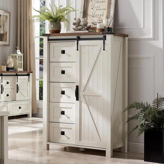 5 Drawers Dresser for Bedroom w/Sliding Barn Door Farmhouse Modern Tall Dresser 5 Chest of Drawers Antique White ShopOnlyDeal