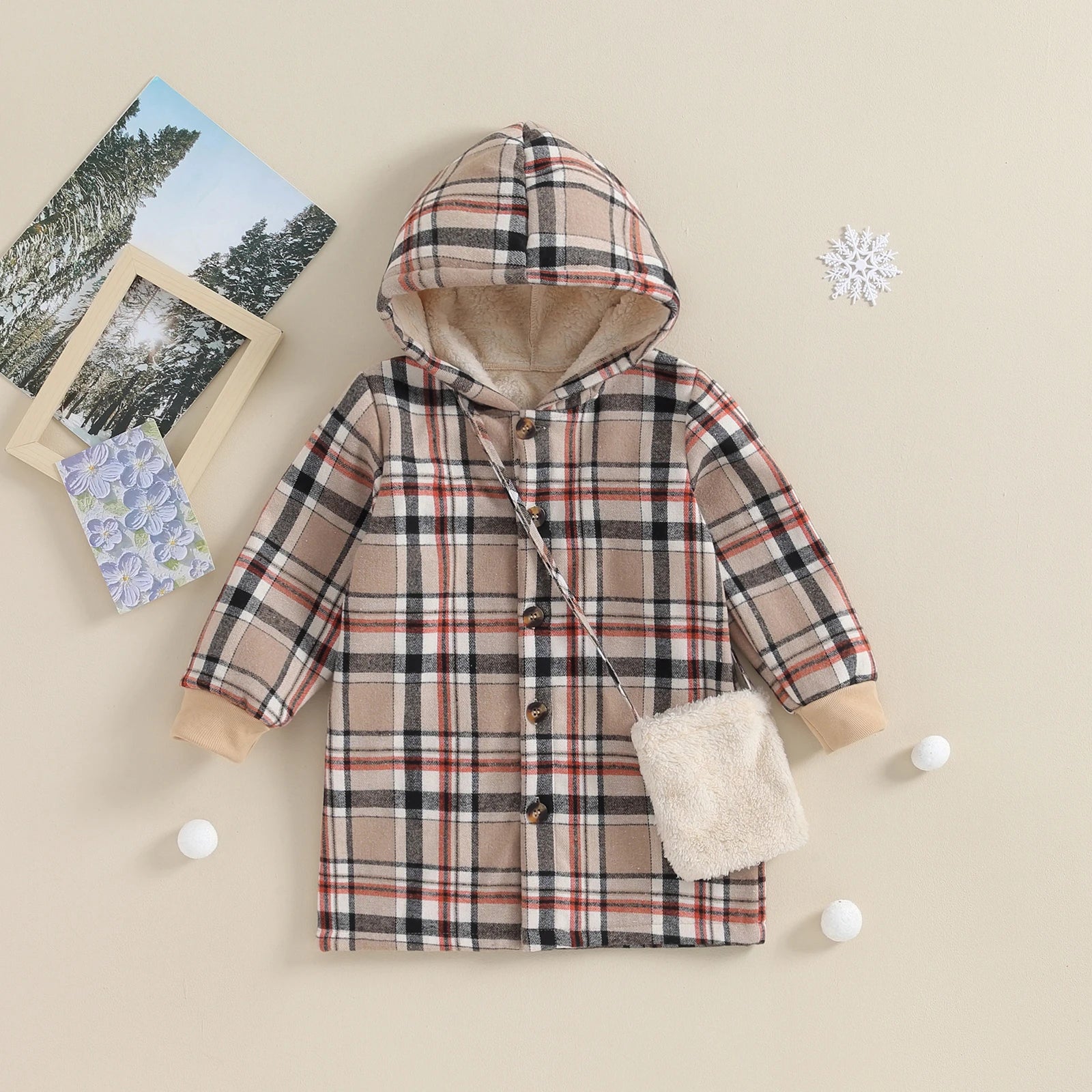 Pudcoco Toddler Girl Winter Coat Plaid Print Long Sleeve Hoodie Jacket and Crossbody Bag Infant Baby Spring Fall Outwear 4-7T ShopOnlyDeal