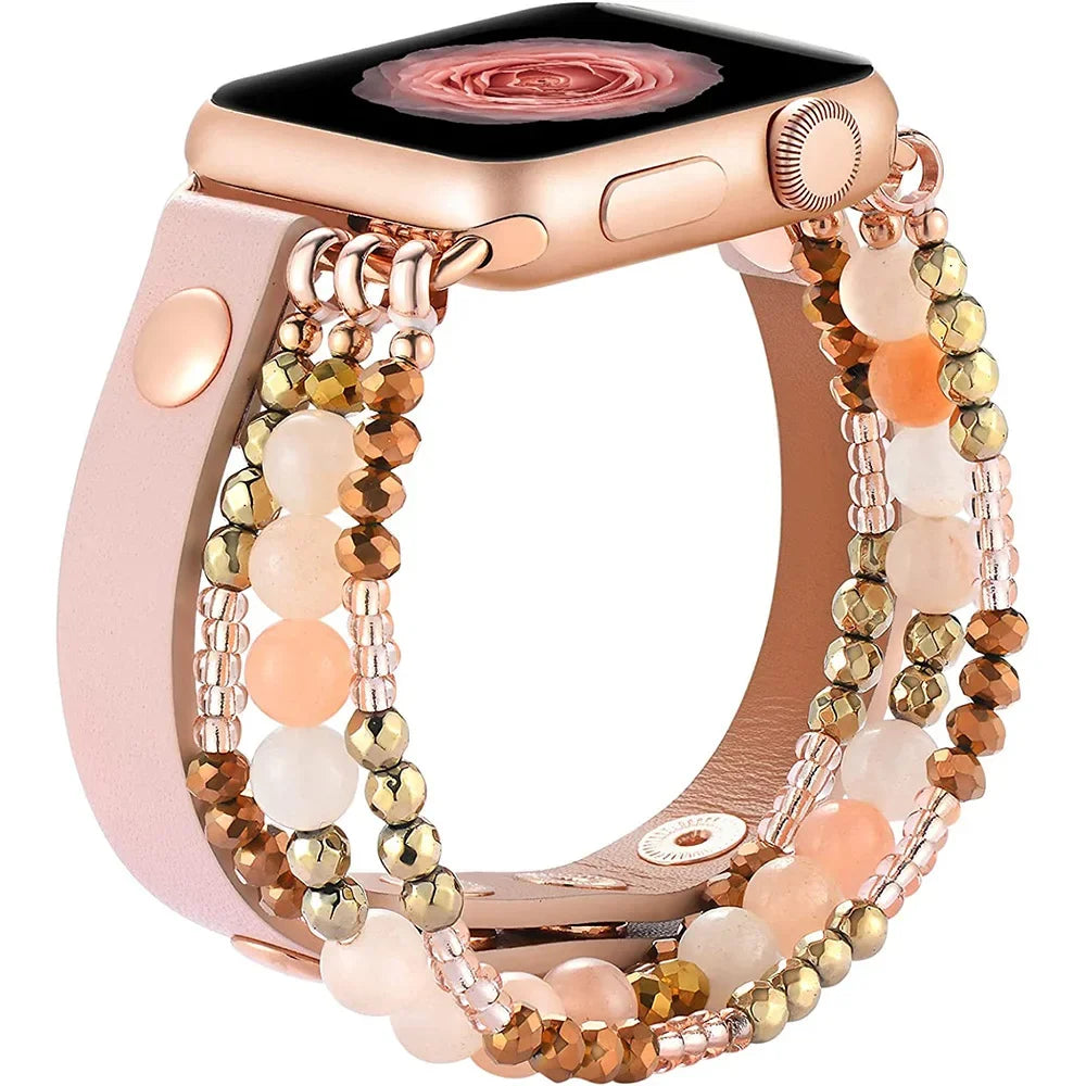 Leather Strap For Apple Watch Ultra 2 Band 49mm 40mm 38mm 41mm Women Elastic Beaded Bracelet Iwatch Series 9 8 7 6 SE 5 4 3 45mm ShopOnlyDeal