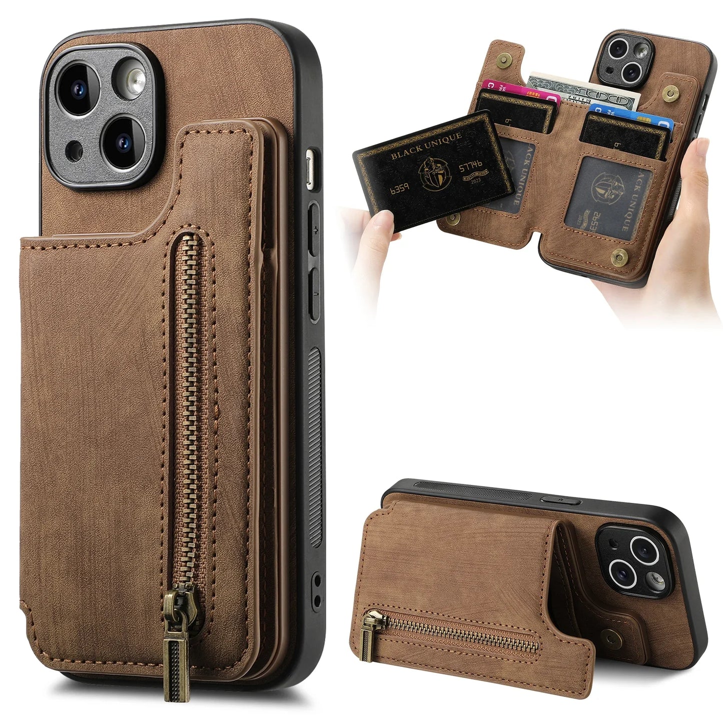 Zipper Cards Solt Wallet Leather Case For iPhone 16 Pro Max 15 14 Plus 13 12 11 XS XR Se2022 Pocket Magnetic Double Buckle Cover ShopOnlyDeal