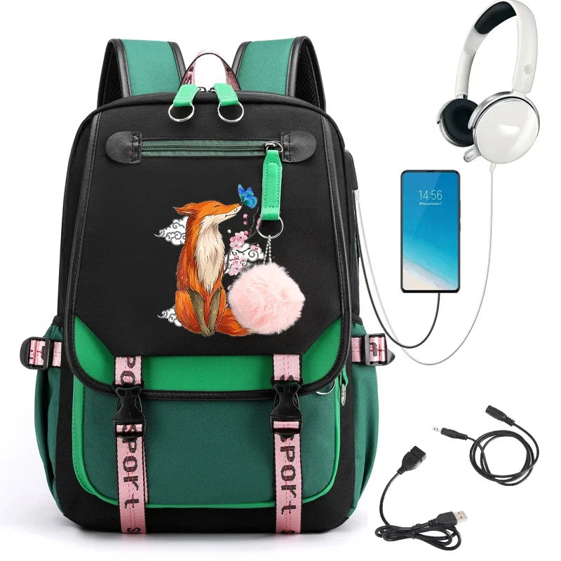 Fox Anime Backpack | Kawaii Girls School Bag with USB Port | Teenager Laptop Travel Backpacks | Mochila Style ShopOnlyDeal