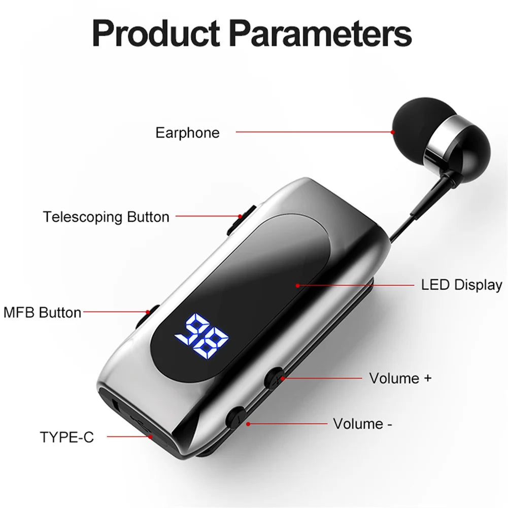 K55 Mini Headset Bluetooth Lavalier | Retractable Single Earphone | Multifunction Clip Earbuds | LED Digital Display for Driving & Sport ShopOnlyDeal