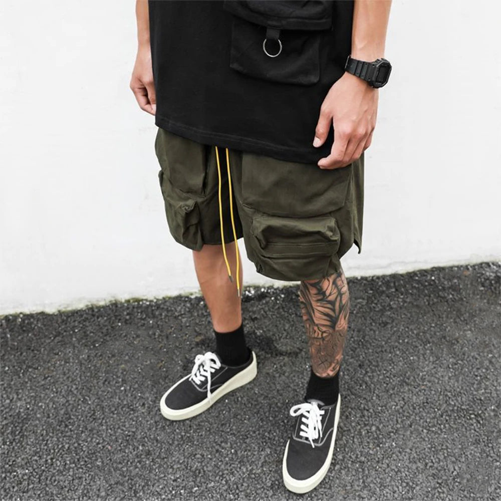 Mens Clothing 2024 Summer New Fashion Street Retro Army Green Drawstring Functional Pocket Loose Casual Cargo Shorts for Men ShopOnlyDeal