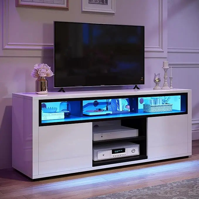 TV Stand With LED Ambient Lights | Modern TV Stand With Open Shelf Storage Cabinet for 62 Inch TVs | Furniture White TV Stands ShopOnlyDeal