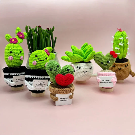 Mini Cute Crochet Flowers Finished Handmade Cactus Roses Potted Plants Handmade Bouquets Home Desktop Decorations ShopOnlyDeal