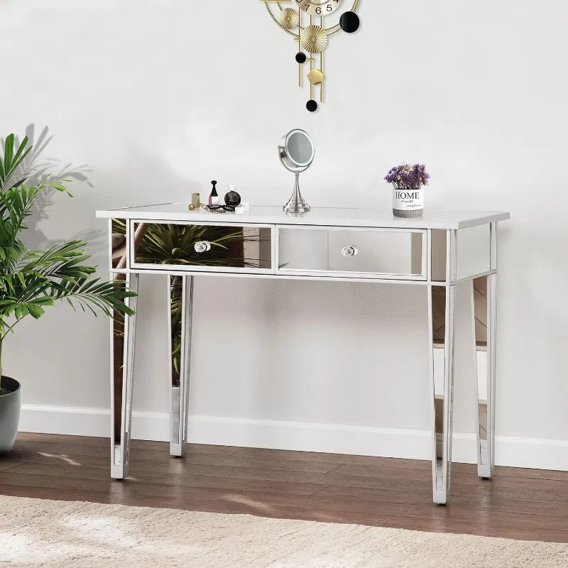 Mirrored Table,Mirrored Makeup Vanity Table Dressing Desk, 2 Drawer Media Console Table for Women Girls Entryway Home Office ShopOnlyDeal