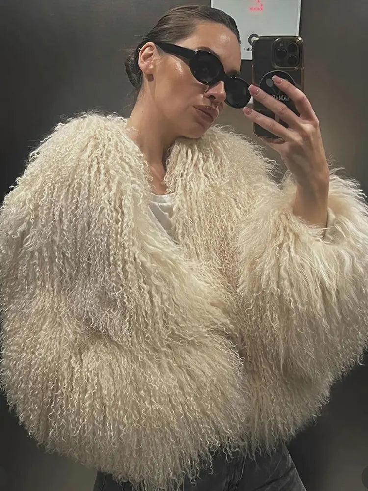 Elegant Furry Faux Fur Warm Short Coats Women Round Neck Long Sleeve Thickened Jacket 2024 Winter Lady High Street Outwear ShopOnlyDeal