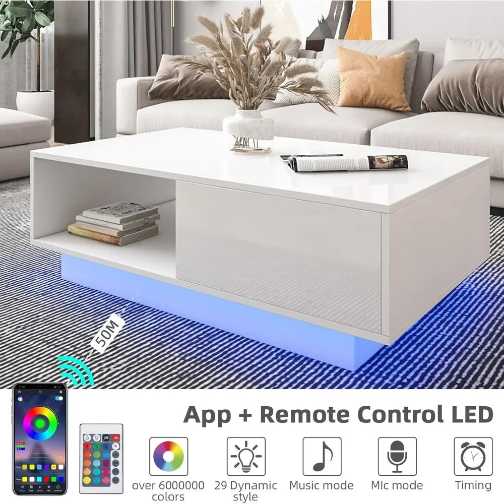 Coffee Table for Living Room Coffee Table Modern Led Center Table with Drawers Storage High Gloss Tabletop and with Led Lights ShopOnlyDeal