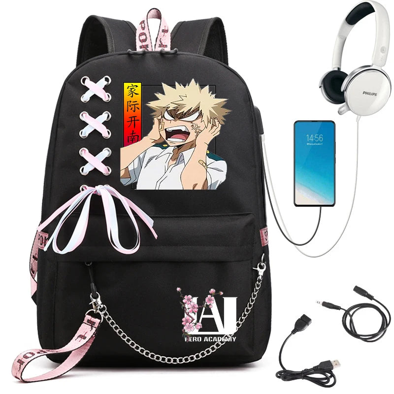 My Hero Academia Anime Women's Backpack | USB Port Ladies Travel Backpack | Shoulder Bag Featuring Katsuki Bakugo | Anime Trend Laptop Backpack ShopOnlyDeal