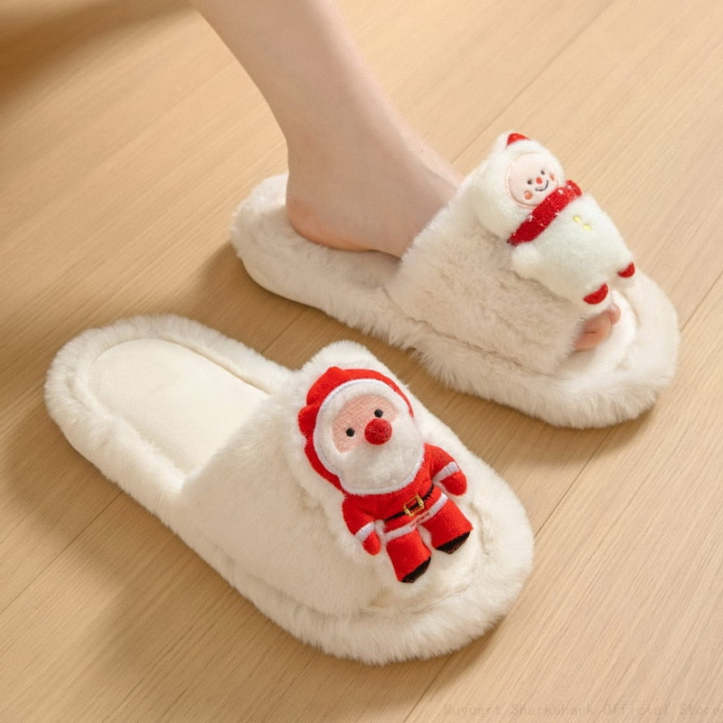 2023 Christmas Women'S Slippers Cute Cartoon Santa Claus Furry Slippers Wear Winter Soft Fluffy Home Slides Xmas Party Shoes ShopOnlyDeal