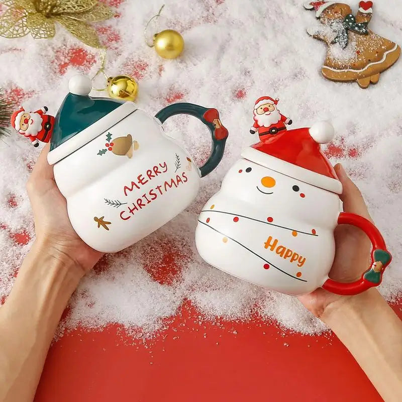 Christmas themed ceramic mug snowman mug Christmas tree mug  Santa Claus mug kitchen drinking cup Cup with lid spoon 500ml ShopOnlyDeal