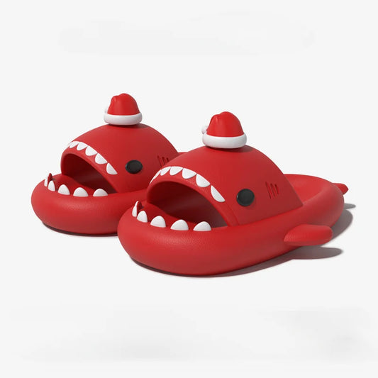 Cute Red Hat Christmas Party Shark Slippers Women Men Indoor Bathroom Shoes 4CM Thick Sole Anti-slip Couples Beach Street Slides ShopOnlyDeal