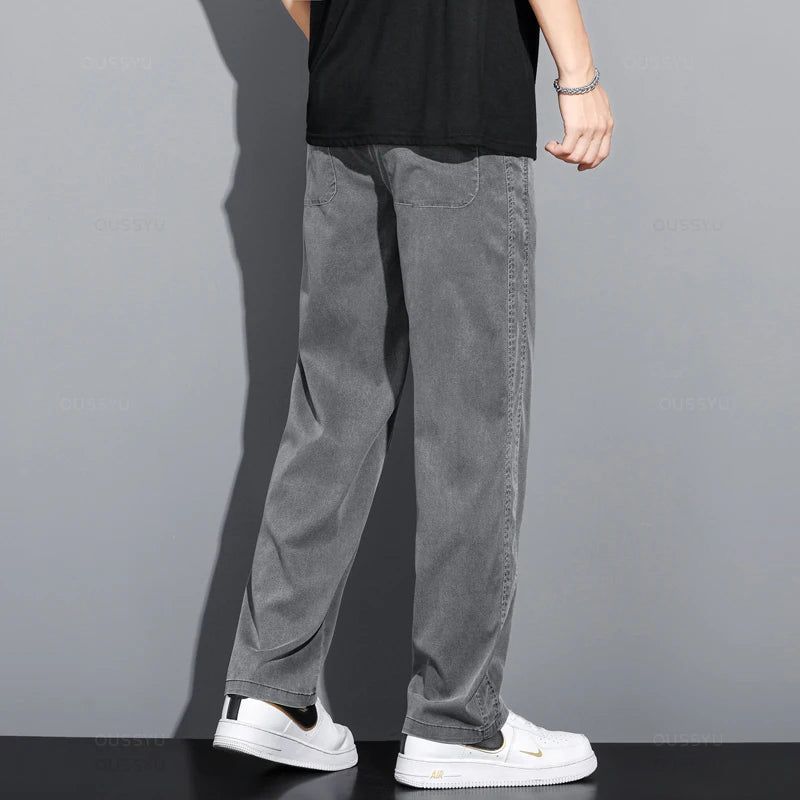 Summer Thin Soft Lyocell Fabric Jeans for Men | Loose Straight Wide Leg Pants | Drawstring Elastic Waist Casual Trousers | Plus Size M-5XL ShopOnlyDeal