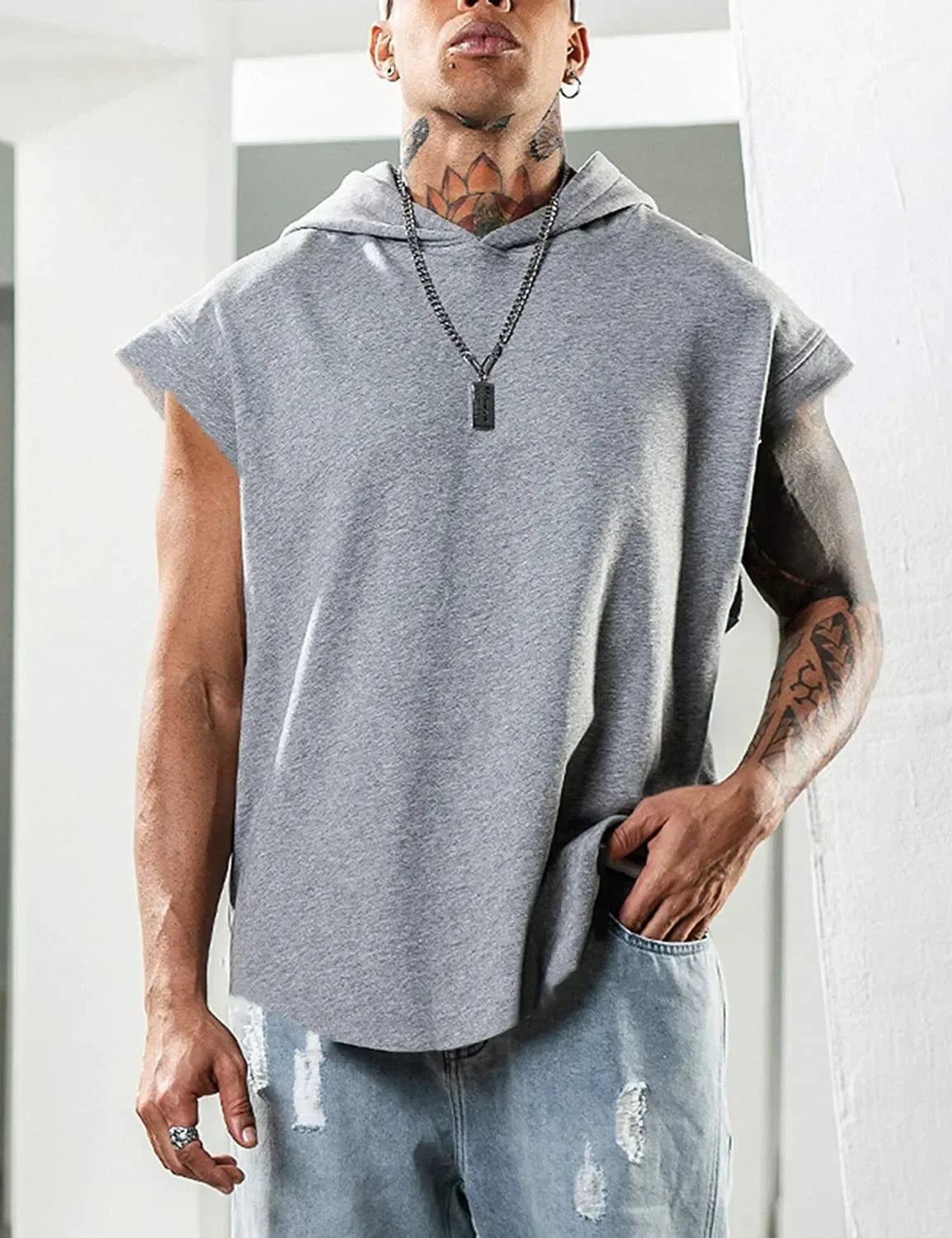 2024 Hooded Solid Color New Men's Casual Pullover Sports Men's T-shirt Sleeveless Men's Waistcoat Loose ShopOnlyDeal