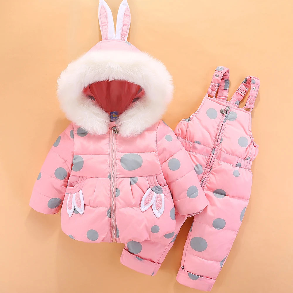 Winter Baby Girls 2PCS Set Rabbit Ear Soft Fur Hooded Infant Girl Down Jacket Snowsuits Contrast Dot Strappy Pants Outfits ShopOnlyDeal