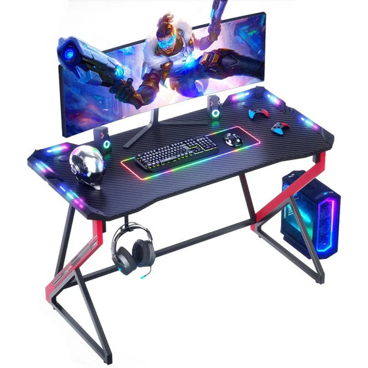 Small Gaming Desk with LED Lights, 40 Inch Computer Desk for Home Small Space, Gaming Table with Carbon Fiber Surface ShopOnlyDeal