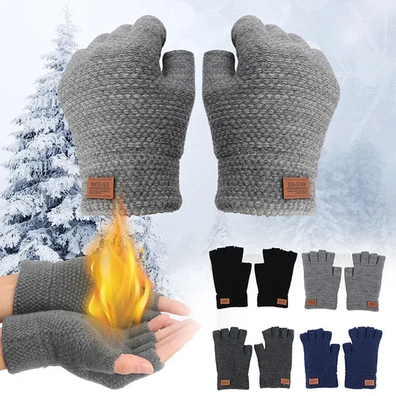 Winter Fingerless Gloves for Men Half Finger Writting Office Knitted Thick Wool Warm Label Thick Elastic Outdoor Driving Gloves ShopOnlyDeal