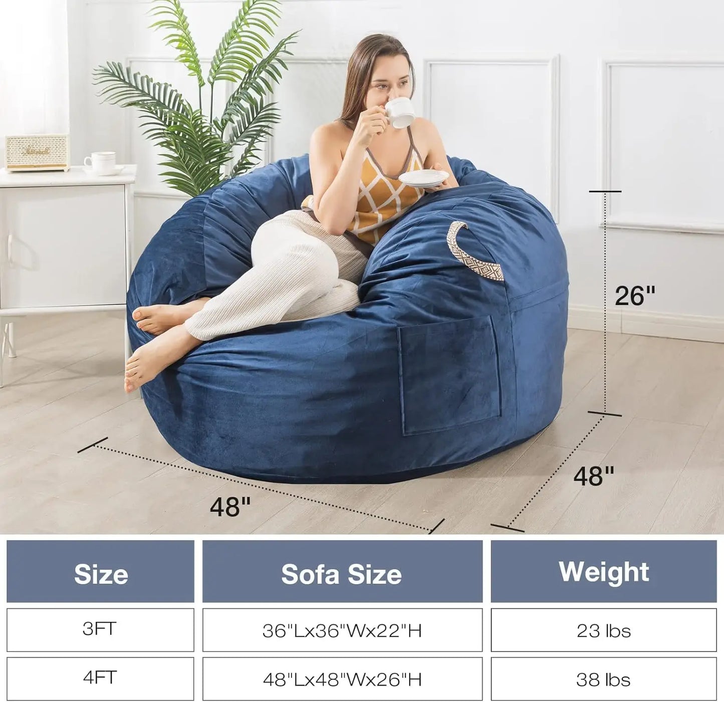 [Outer Cover] Large Bean Bag Chair, 4 ft Bean Bag Chairs for Adults/Kids with Filling,Soft Memory Foam Bean Bag with F ShopOnlyDeal